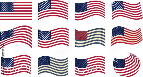 American flags in various wave patterns and orientations demonstrate dynamic movement and patriotic pride for diverse graphic design applications.