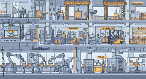 Modern automated factory floor with robots, forklifts, and workers