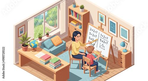 Teacher instructing child mathematics lesson at home, isometric view