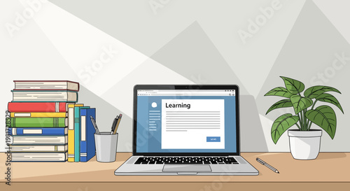 Online learning setup: laptop with "Learning" on screen, books, plant, desk. Education concept.
