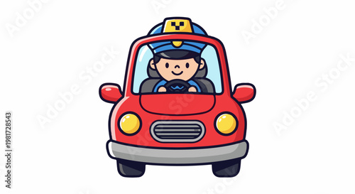 Friendly cartoon taxi driver smiles while driving a red car