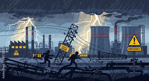 Industrial disaster: Factory damaged by lightning strike during storm, people fleeing.