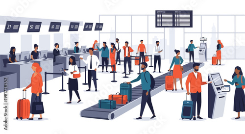 Airport Terminal Scene with Travelers, Check-in Counters, and Baggage Claim