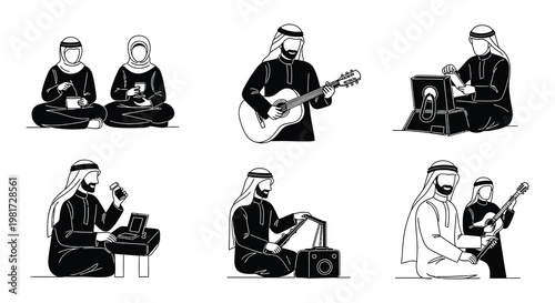 Illustrative set depicting arabian men with falcons and traditional architecture