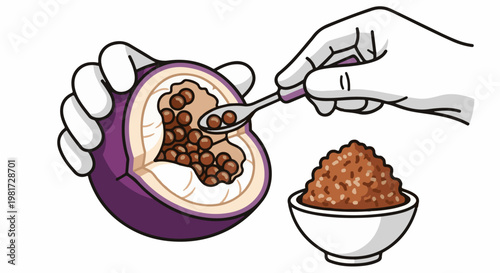 Hand scoops seeds from purple fruit into a small bowl of similar seeds