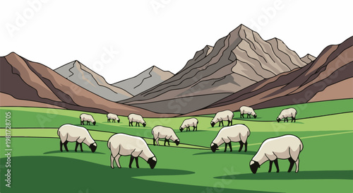 Flock of sheep grazing peacefully in a green meadow with majestic mountains
