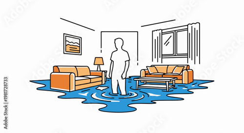 Flooded living room with person standing in water