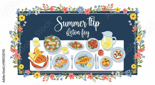 Floral border frames a summer picnic spread with grilled fish, salads, and fruit tarts