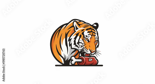 Fierce tiger with orange and black stripes devours a bone-in meat piece