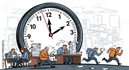 Business people rushing against a giant clock symbolizing deadlines and time pressure.