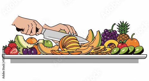 Hand slicing a variety of fresh fruits arranged on a white tray