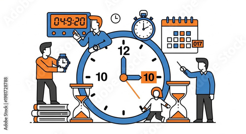 Business people planning and managing time effectively with clocks and calendars.