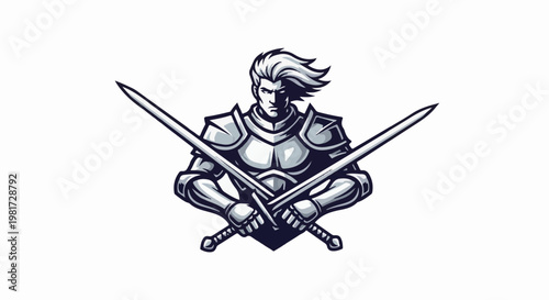 Fierce warrior in silver armor, holding two crossed swords