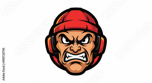 Fierce warrior with intense stare and bared teeth, wearing a red beanie and headphones