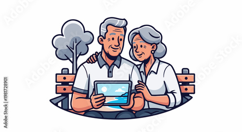 Elderly couple on bench viewing vacation photos on tablet