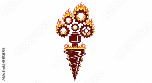 Fiery drill bit with gears, symbolizing power and industry