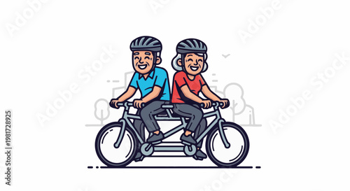Elderly couple happily cycling together on a tandem bicycle