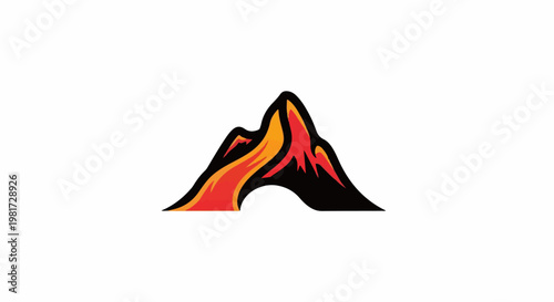 Fiery mountain peak with glowing lava stream below, bold graphic