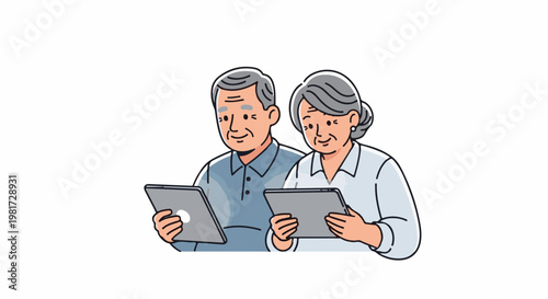 Elderly couple happily engaging with digital tablets together
