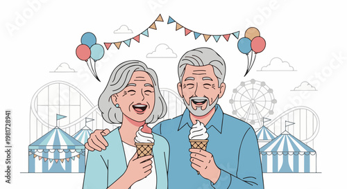 Elderly couple enjoying ice cream at a lively amusement park with rides