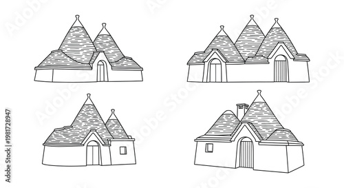 Line drawing of six traditional apulian trulli houses in a row