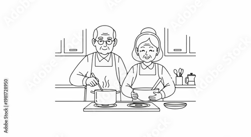 Elderly couple cheerfully cooking together in a kitchen