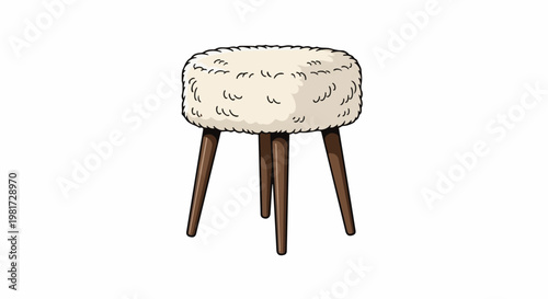 Fluffy white ottoman with three brown wooden legs, cartoon style