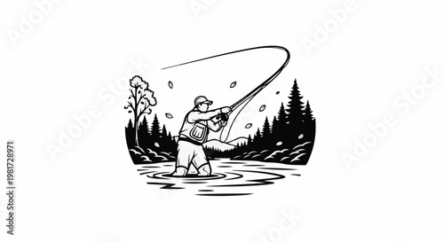 Fly fishing in a river surrounded by trees and hills