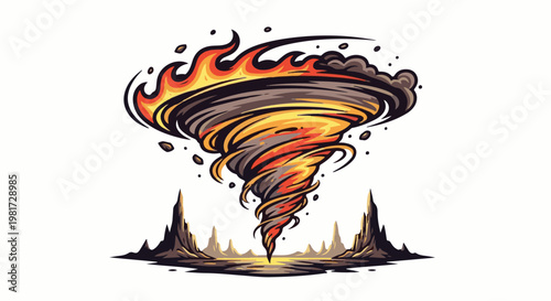 Fiery vortex of wind and smoke swirling above rocky terrain