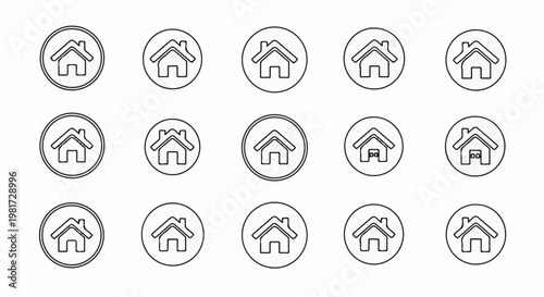 Fifteen minimalist house icons in a circular frame, varying styles