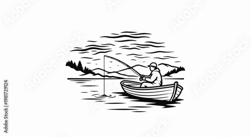 Fisherman in rowboat on tranquil water with distant mountains and trees