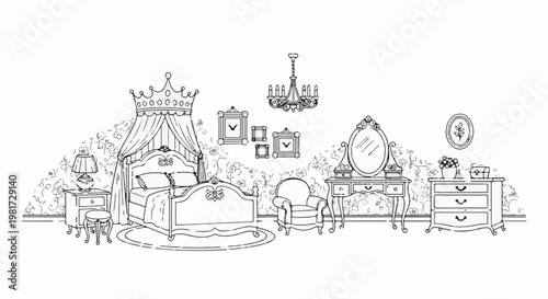 Elaborate bedroom sketch with a majestic bed, ornate furniture, and decorative wall coverings