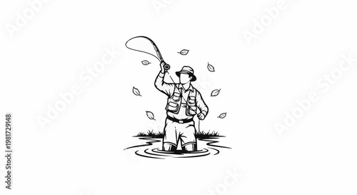 Fisherman in water casting line amidst falling leaves