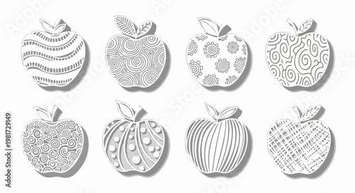 Eight stylized apples with intricate line art patterns