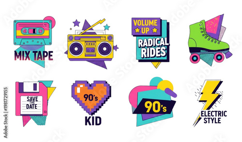 Retro fashion badges vector 80s 90s style patch sticker illustration
