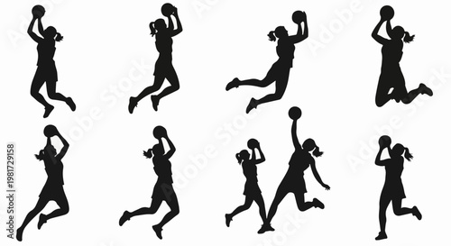 Eight silhouettes of females playing ball sports, jumping and throwing