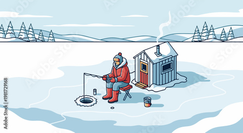 Fisherman sits on chair near hut ice fishing