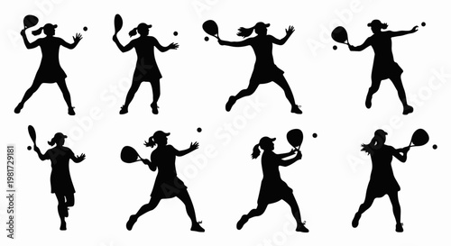 Eight silhouette poses of female tennis players in action, on white