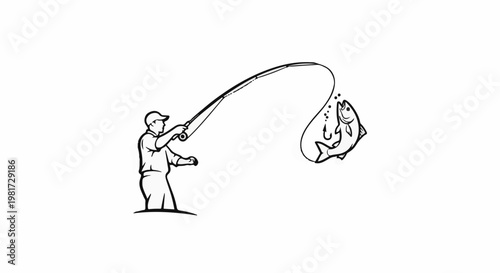 Fisherman reeling in a large fish caught on a hook with bubbles around it