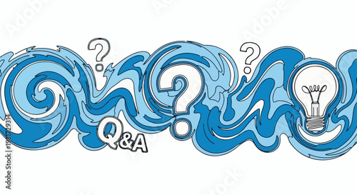 Flowing question marks and a bright idea bulb over blue waves