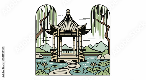 Elegant pavilion on water with lotuses, willows, and distant hills