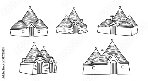 Line drawing of six traditional apulian trulli houses in a row