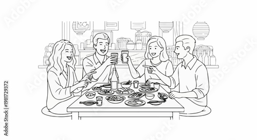 Friends happily sharing a meal and drinks at a table