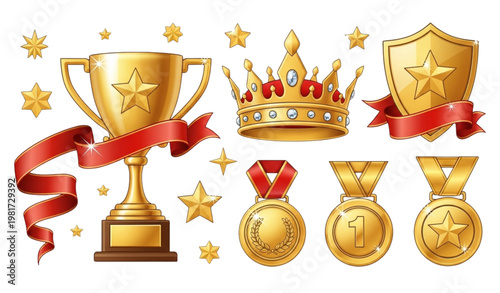 Golden trophy vector set winner cup crown badge game achievement icons