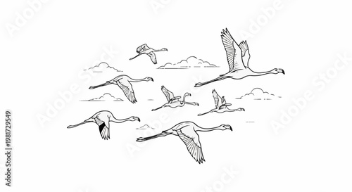 Elegant flock of flamingos gracefully soaring across a cloudy sky