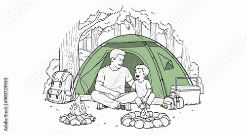 Father and son enjoy camping by the fire with a tent and supplies