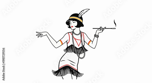 Elegant flapper woman in a fringe dress and cloche hat holding a cigarette holder