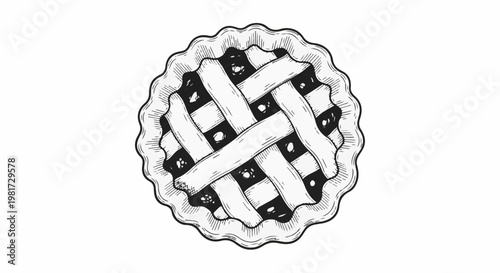 Hand-drawn black and white illustration of a lattice-top pie