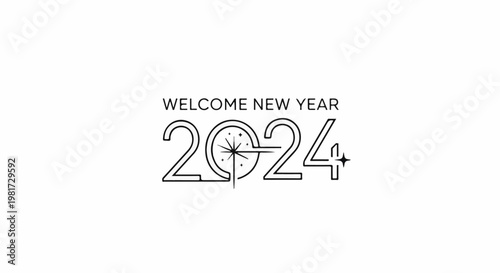 Elegant line art welcomes the New Year with the number 2024 featuring a clock