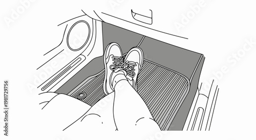 Feet in sneakers resting on a ribbed car floor mat near pedals